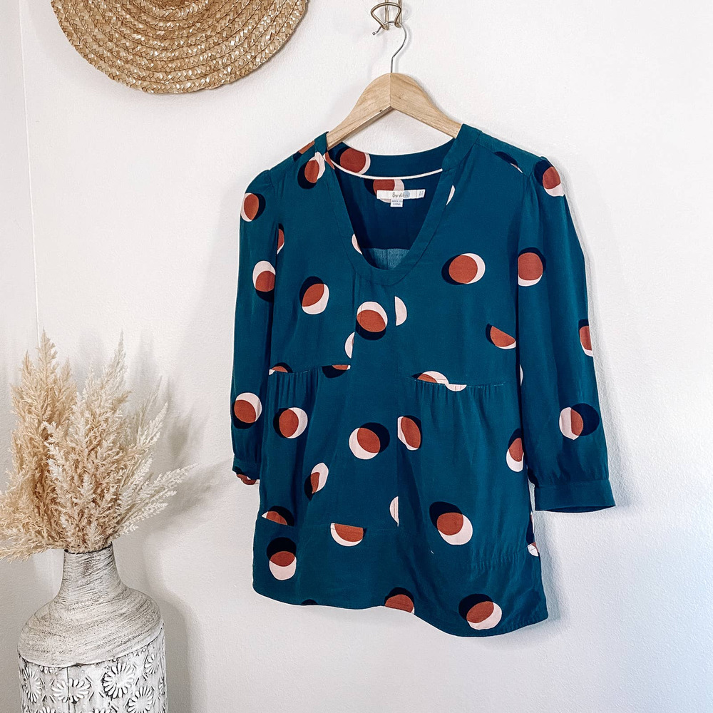 Boden Circle Pattern Polka Dot Art Deco 3/4 Sleeve Blouse in Teal